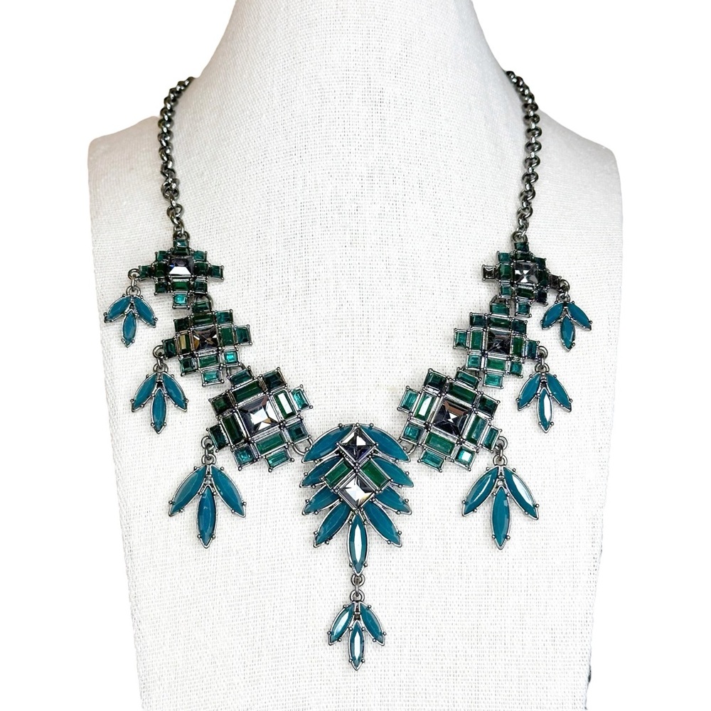 LOFT NWT Gunmetal Emerald Green & Teal Geometric Faceted Bib Statement Necklace